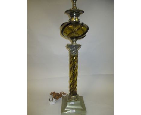 Unusual 19th Century coloured glass and brass Corinthian column oil lamp with square stepped base, adapted for use with elect