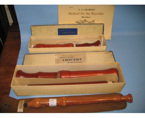 Schotts bass recorder, Schotts tenor recorder and a Kunk descant recorder
