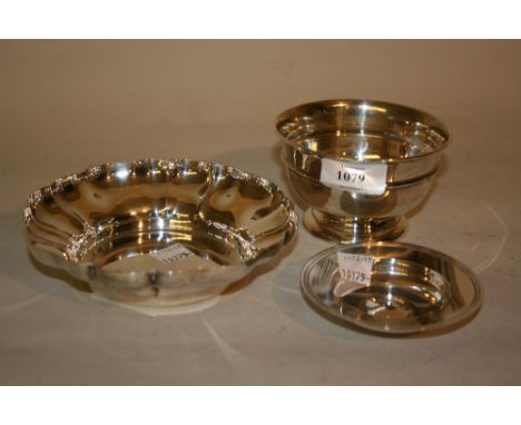 Circular Birmingham silver bowl, small silver alms dish and a Sheffield silver sugar basin