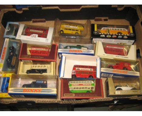 Box containing a quantity of die-cast model vehicles, some boxed, including Dinky