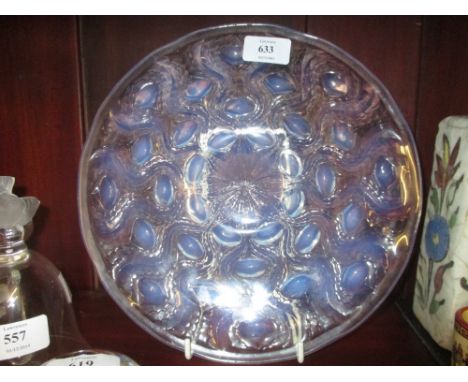 R. Lalique circular iridiscent glass dish in Plumes de Payon pattern, 10.5ins diameter