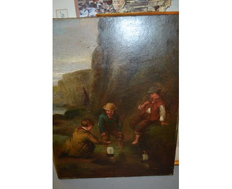 Frank Turner, signed 19th Century oil on canvas, boys playing with toy boats in a rocky coastal inlet, unframed, 18ins x 14in