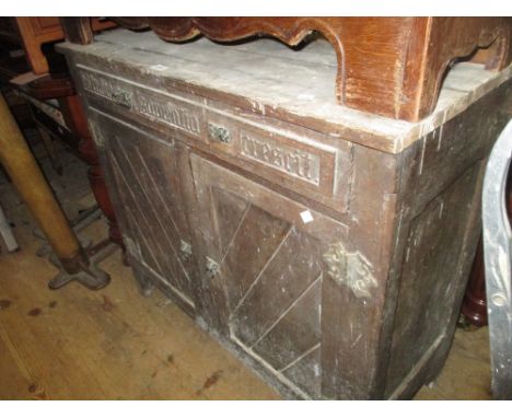 19th Century Gothic revival side cabinet having single drawer carved with inscription ' Stadio Sapientia Cresrit ' above two 