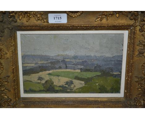 Peter John Garrard, oil on board, distant plain, France, signed with monogram, gilt framed, 5.5ins x 9ins