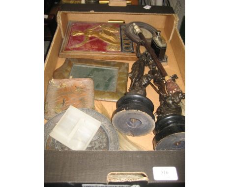 Box containing a quantity of various items including: Ronson table lighter, repainted County fire mark on oak plaque (a/f), A