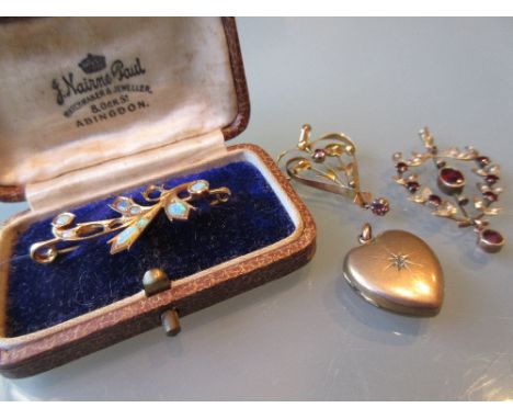 9ct Gold garnet and split pearl set pendant, another similar pendant, heart shaped locked and a gold and opal bar brooch