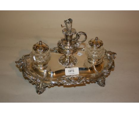 Oval Sheffield silver two bottle inkstand with taper stick