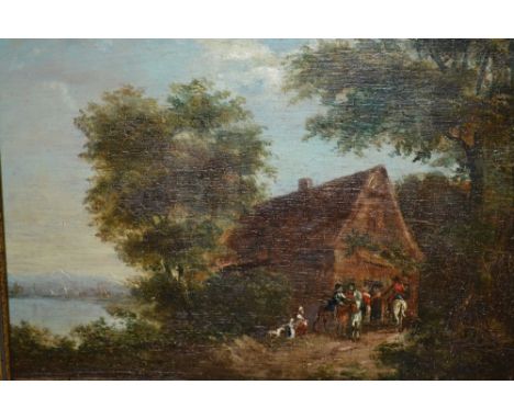 19th Century Continental school, oil on panel, group of figures and horses outside a cottage, unsigned, 8ins x 10ins, in a la