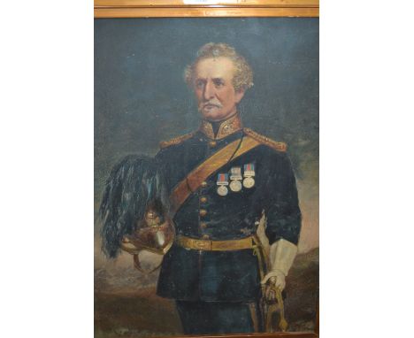 Framed oil, possibly on print base, portrait of a military gentleman, inscribed verso ' Wellington ', 18ins x 14ins