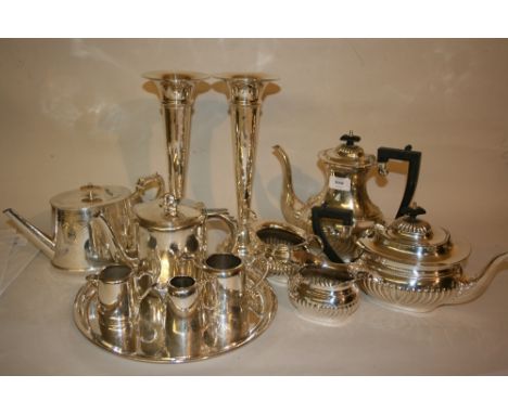 Silver plated four piece tea and coffee service, pair of large silver plated vases and a quantity of various tea ware
