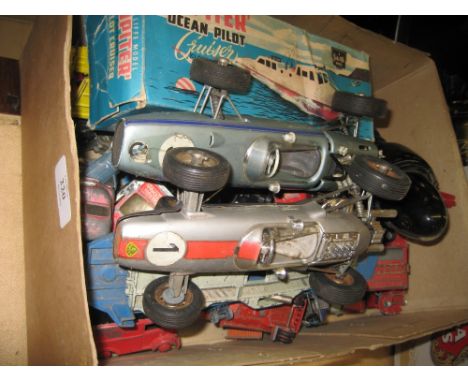 Box containing a quantity of various play worn di-cast model vehicles including a robot, a boxed Jupiter toy box, two Schuco 