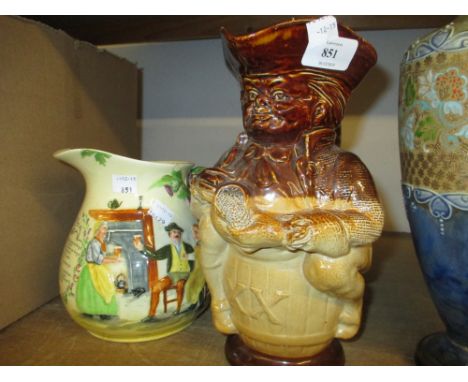 Royal Doulton stoneware Toby form jug (chip to rim) together with a Crown Devon Fieldings musical jug decorated with figures 