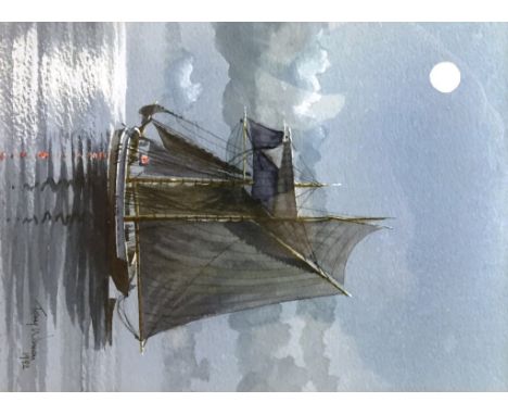 Tony Warren (1930-1994): Two watercolours depicting ships by moonlight, signed & dated 1992, to include 'The Fowey Owned Newf