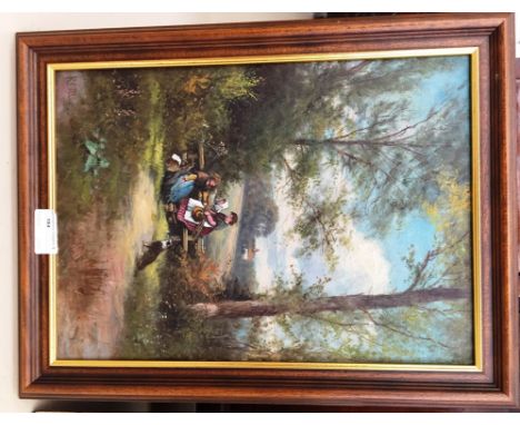 Two pictures to inc a landscape oil on panel, signed 'Van Meyer'; together with figures climbing a fence, signed 'Collis'