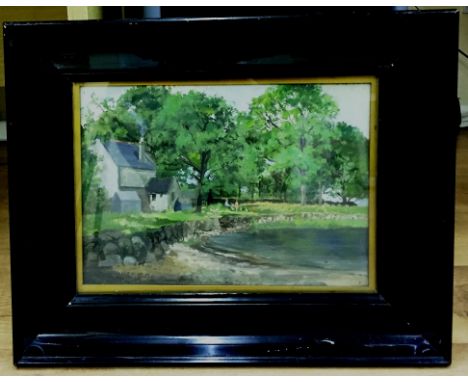 English School (19th/20th century): Figures in a lake landscape, oil on panel, signed indistinctly lower left