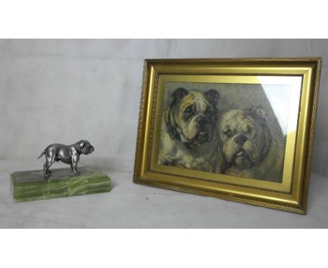 A bulldog car mascot and a framed print of bulldogs (2)