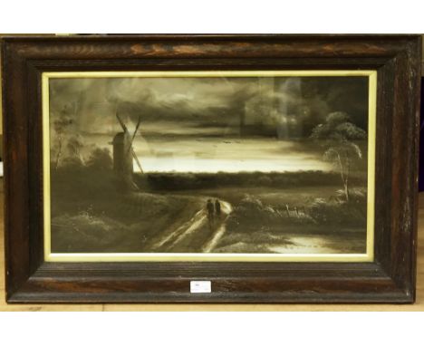 A pair of 19th/20th century monochrome landscape oils on board, one with figures and windmill