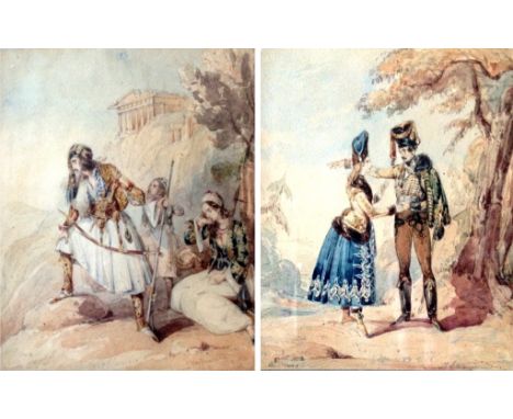 John Brandard (British, 1812-1863): A pair of watercolours, one depicting figures in Orientalist dress in a landscape with a 