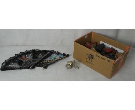 A box of vintage odds to inc darts, pomanders, locks, fans etc