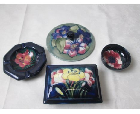 A lidded Moorcroft trinket box, ashtray, pin dish & lid (A/F)