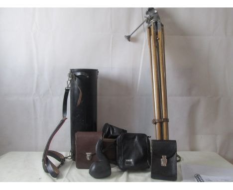 A box of cases for binoculars, pipes & telescope; together with a Theodolite/Camera  stand