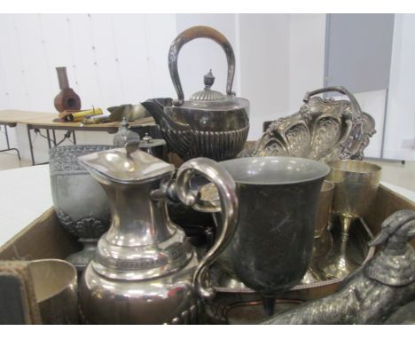 A quantity of EPNS to inc goblets, galleried tray, flatware, spirit kettle, sifter, bread basket