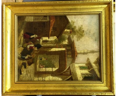Follower of William James Müller (British, 1812-1845):
A Street scene with figures, oil on board, H 24 x W 19 cm 