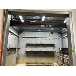 Contents of room incl. gravity conveyors, floor stands, wall-mount shelving units, metal hoist