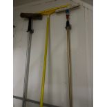 Lot of (3) Cleaning tools incl. Squeegee and two brooms with rack
