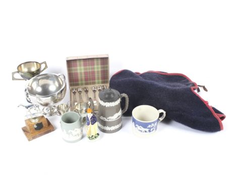 An assortment of sporting related items. Comprising a pony rug, four silver plate trophies including St Dunstans School Chall