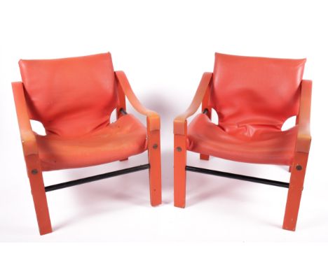Vintage / Retro : Maurice Burk for Arkana, apair of orange res ' Safari ' Chairs with wooden stretchers W63 cm x D60cm x H71c