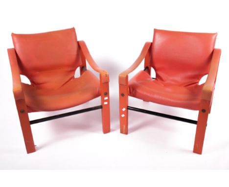 Vintage / Retro : Maurice Burk for Arkana, a pair of orange/red Safari chairs. Wooden supports with metal tube stretchers. L6