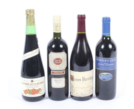 Four bottles of red wine. Comprising: Crozes Hermitage 2002, Painter's Cove shiraz cabernet 2004,  Toscana Giordano 2007 and 