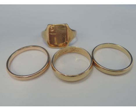 Three 9ct gold wedding bands and a 9ct gold signet ring,  approx 10g