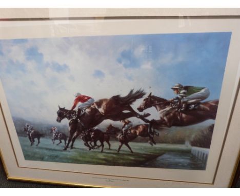 A print after Graham Isom, Racing interest, The Tale 'Cheltenham Gold Cup Chase' 1994, signed