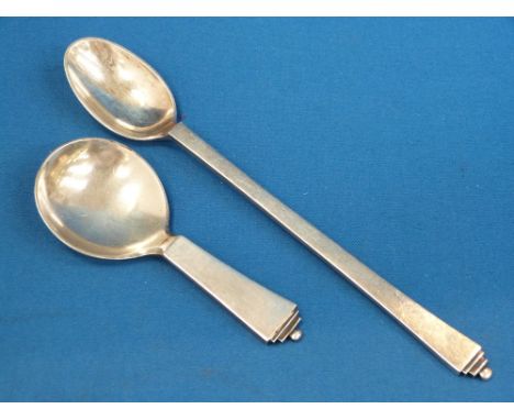 A Danish silver caddy spoon in the pyramid design by George Jensen and a matching long handled spoon, approx 1926, import mar