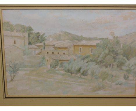 A pastel sketch, attributed to Percy Horton, continental farmstead