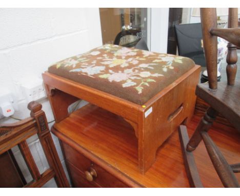 A mid 20th century light mahogany frame stool having woolwork top 