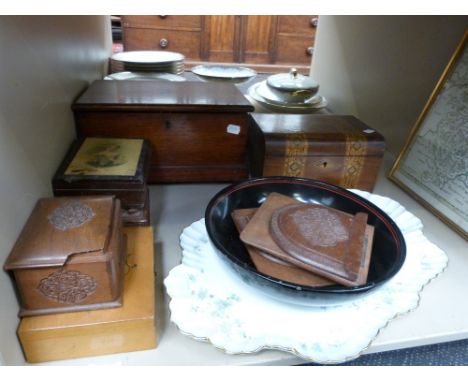 A selection of miscellaneous including treen, Tunbridgeware sewing box, Victorian and carved boxes, ceramic dressing table tr