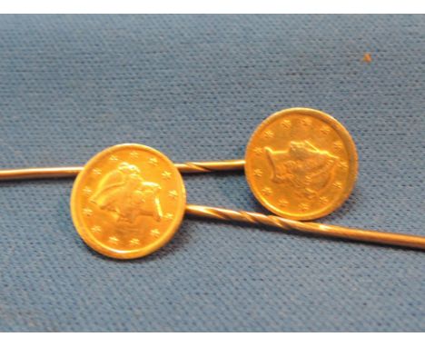 Two American gold One Dollar coin stick pins 5gm