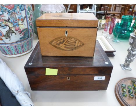 A Victorian rosewood box having mother of pearl inlay M Bates, and a 19th century tea caddy having shell inlay decoration