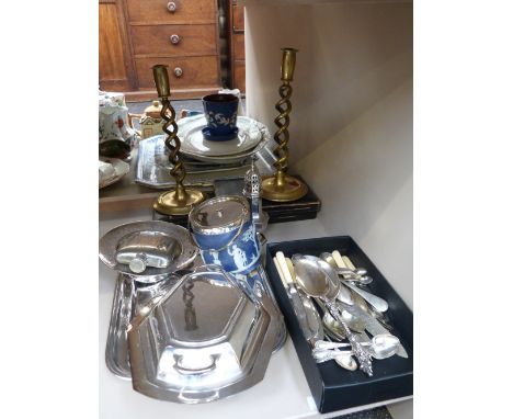 A selection of plated ware including a selection of flatware, Wedgwood Jasperware biscuit barrel, sugar caster, hip flask etc