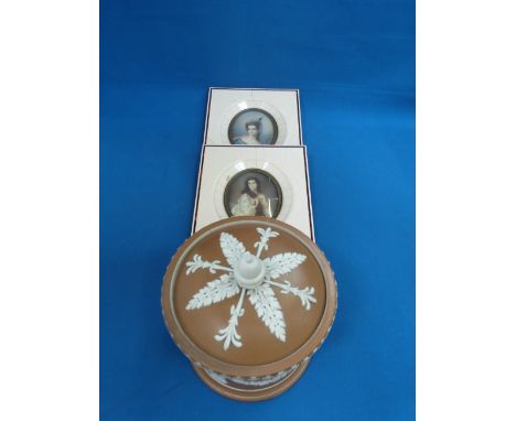 A pair of early 20th century oval portrait miniatures and a 19th century Dudsons Jasperware pot