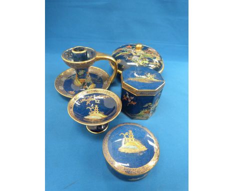 A selection of Carltonware trinkets in the gilt heightened Bleu Royale design including chamber stick