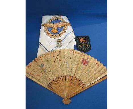 A Second World War period Japanese fan having handwritten decoration by British troops stationed in Japan following VJ day, w