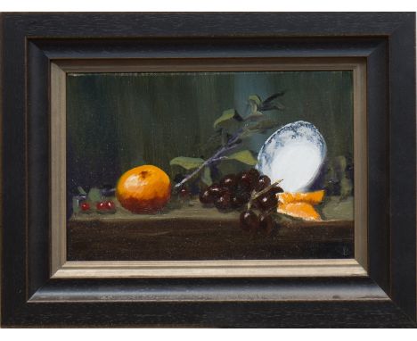 MODERN EUROPEAN SCHOOL,
STILL LIFE OF FRUIT ON A SHELF
oil on canvas, signed with monogram
20cm x 30cm
Framed.