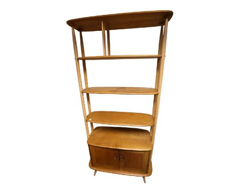 Ercol - a "Giraffe" room divider in light elm, three tier open bookcase over a two door cupboard.  Further details: some wear