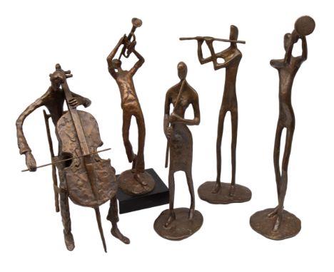 A collection of five Bronzart figural sculptures, contemporary bronzes, all musicians, one on plastic base, the largest in or