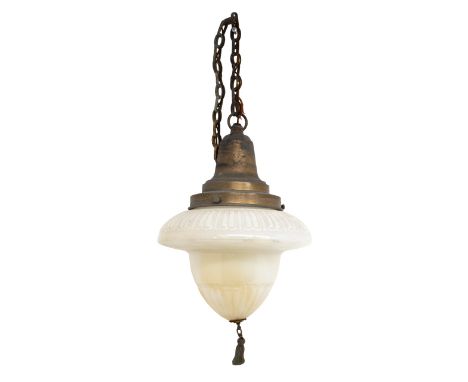 A 20th century single holophane pendant light with metal fittings and of traditional Art Deco style design, suspended on link