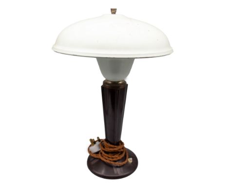 1930s Art Deco table lamp with bakelite base and painted steel shade and lamp holder.&nbsp; Overall height 46cm, diameter 33c